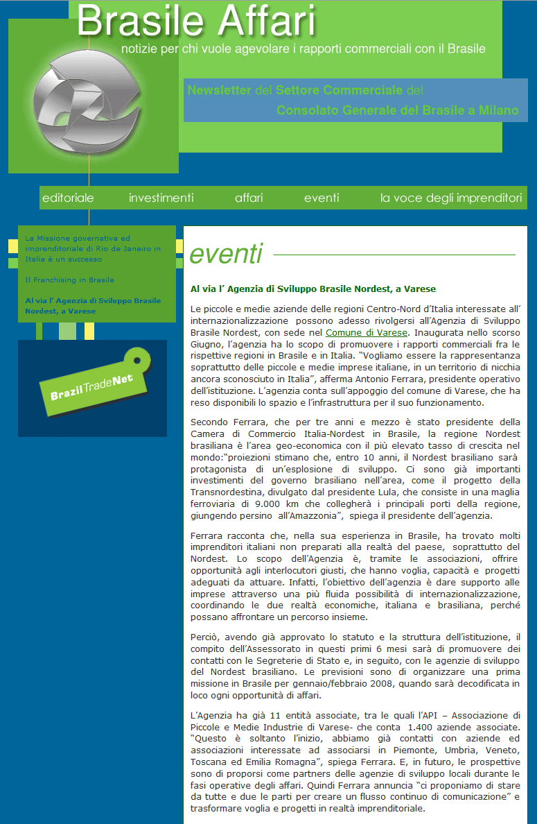Al Via l'agenzia di Sviluppo Nordeste Brasile a Varese